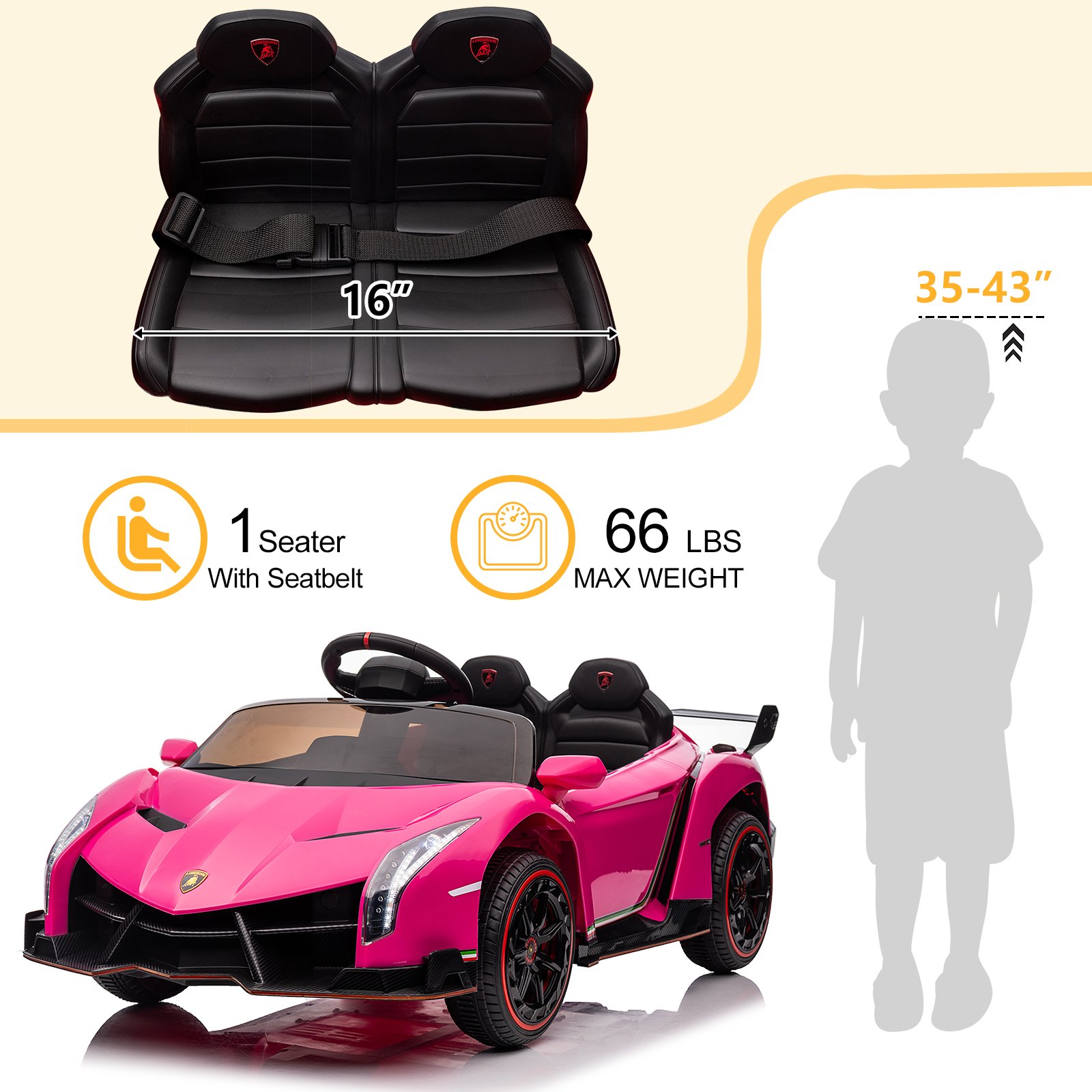 LEADZM Lamborghini Poison Small Dual Drive 12V 4.5AH with 2.4G Remote Control Sports Car Pink - Image 8
