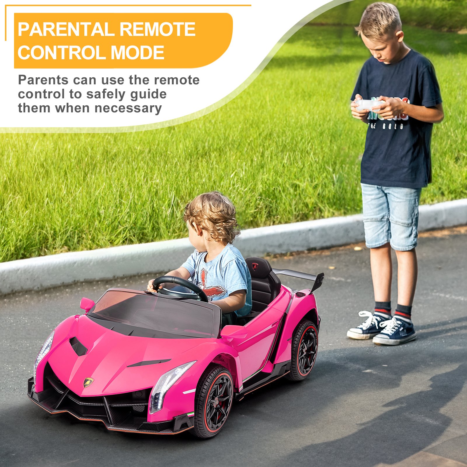 LEADZM Lamborghini Poison Small Dual Drive 12V 4.5AH with 2.4G Remote Control Sports Car Pink - Image 10